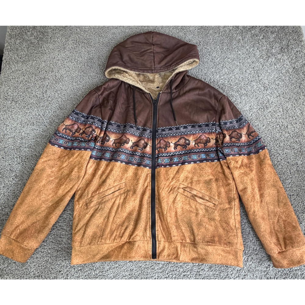 Shein Tribal Hoodie Jacket Mens Large Brown Buffalo Sherpa Lined Full Zip Native